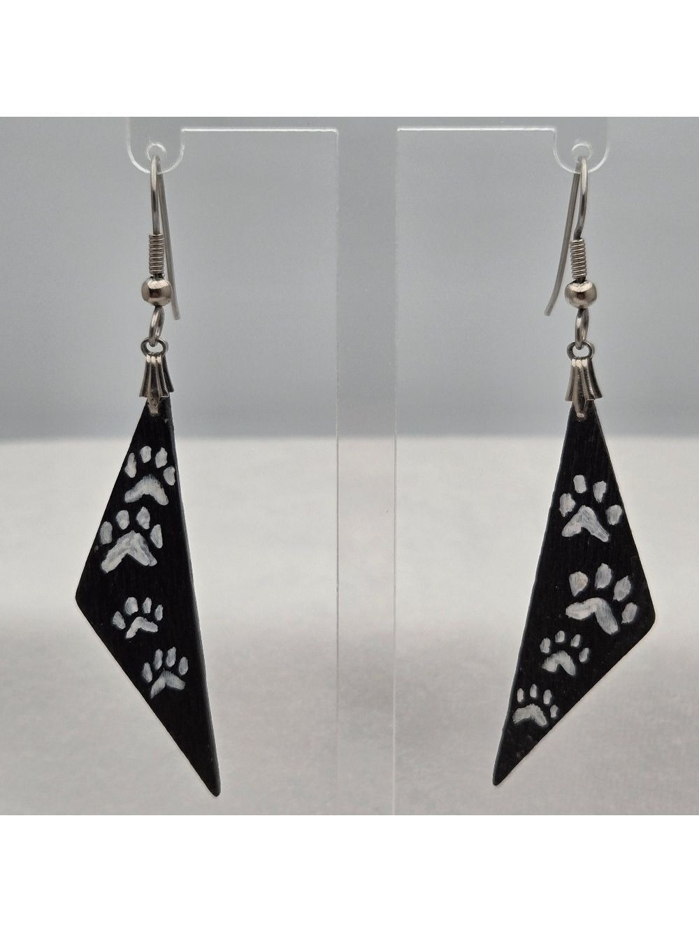 ✨2/$10✨ Handmade Black Wooden Triangle Earrings w/ White Paw Print Design
